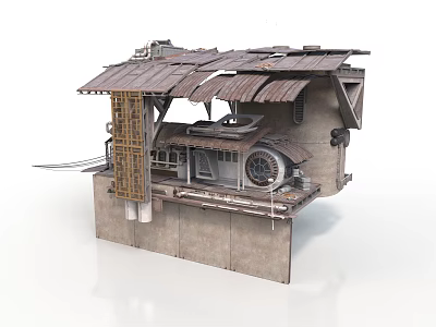 Industrial Ruined Building Structure With Rusty Metal Roof Concrete Wall And Mechanical Parts 3d model