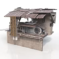 Industrial Ruined Building Structure With Rusty Metal Roof Concrete Wall And Mechanical Parts