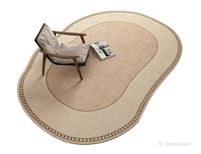 Stylish Shaped Beige Rug With Decorative Edge In Living Room With Armchair And Magazine 3d model 