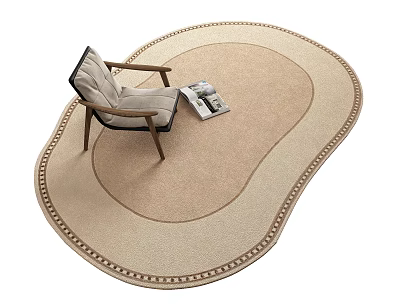 Stylish Shaped Beige Rug With Decorative Edge In Living Room With Armchair And Magazine 3d model