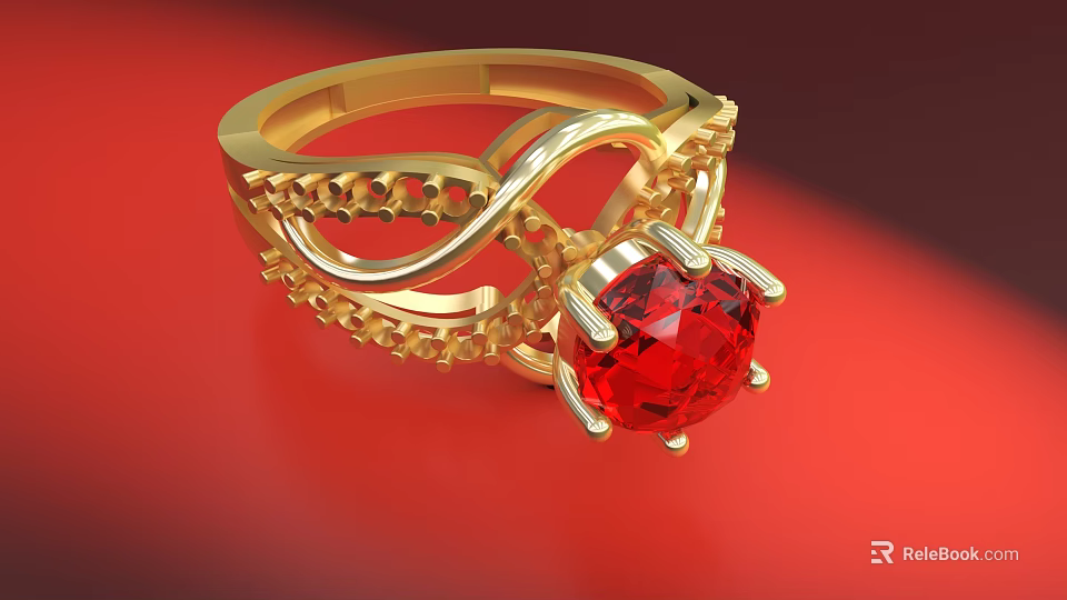 Stunning Gold Twisted Infinity Design Ring With Central Red Gemstone And Small Accent Diamonds 3d model 