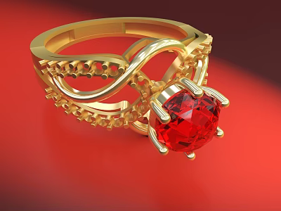 Stunning Gold Twisted Infinity Design Ring With Central Red Gemstone And Small Accent Diamonds 3d model