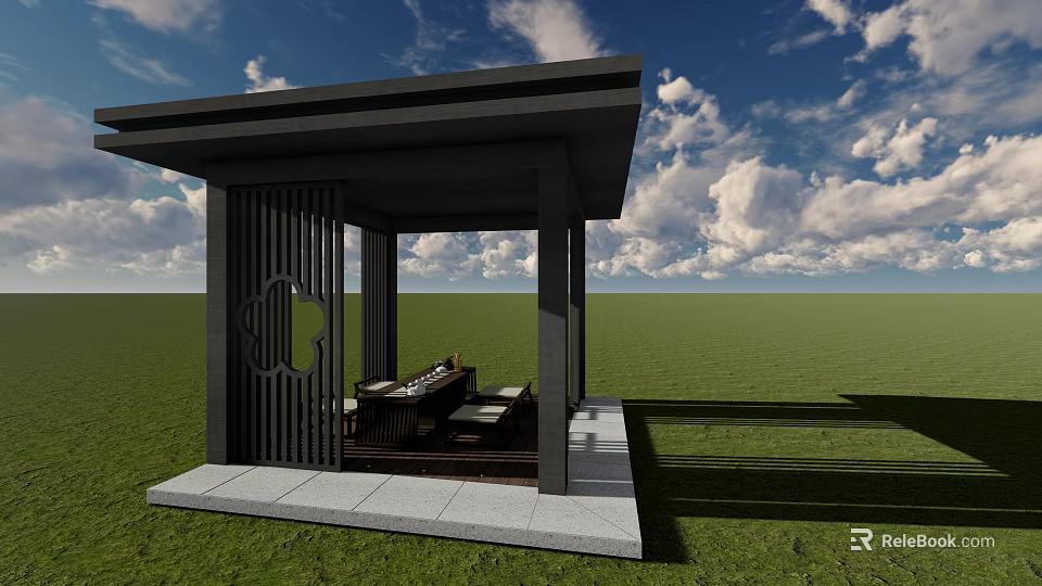 Modern Garden Pavilion With Black Metal Frame Carved Screen And Stone Platform On Green Grassland 3d model 