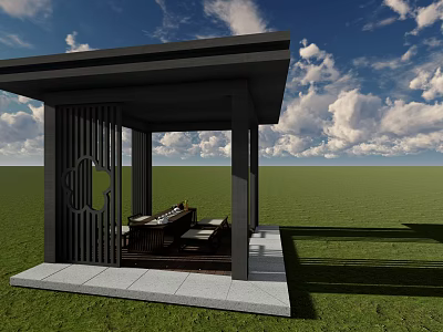Modern Garden Pavilion With Black Metal Frame Carved Screen And Stone Platform On Green Grassland 3d model