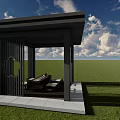 Modern Garden Pavilion With Black Metal Frame Carved Screen And Stone Platform On Green Grassland