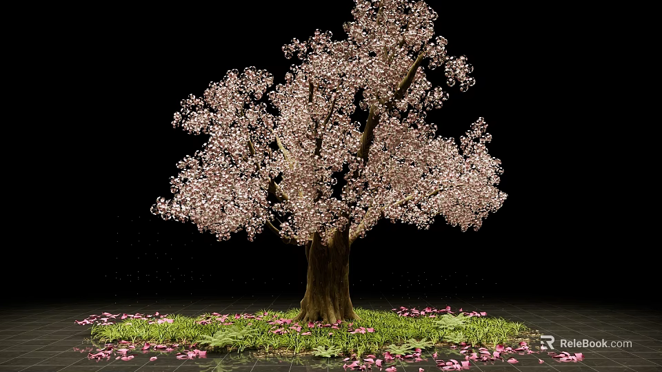Pink Flowering Arbor with Green Grass and Scattered Petals in Bloom 3d model 