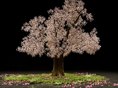 Pink Flowering Arbor with Green Grass and Scattered Petals in Bloom 3d model