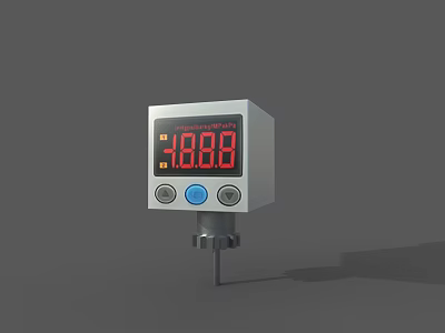 Industrial Equipment Digital Display Meter Featuring Red LED Screen Silver Enclosure Buttons and Metal Probe 3d model