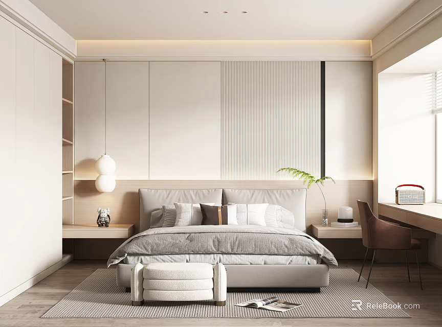 Modern Minimalist Bedroom Interior With Upholstered Bed Area Rug Desk Chair And Green Plant 3d model 
