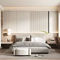 Modern Minimalist Bedroom Interior With Upholstered Bed Area Rug Desk Chair And Green Plant
