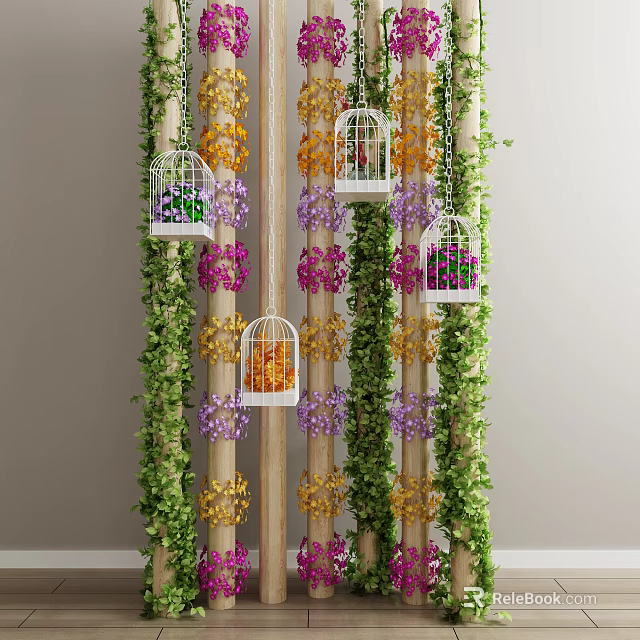 Colorful Flowers and Green Vines Decorated Pillars with Hanging White Birdcages 3d model 