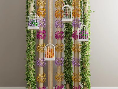 Colorful Flowers and Green Vines Decorated Pillars with Hanging White Birdcages 3d model