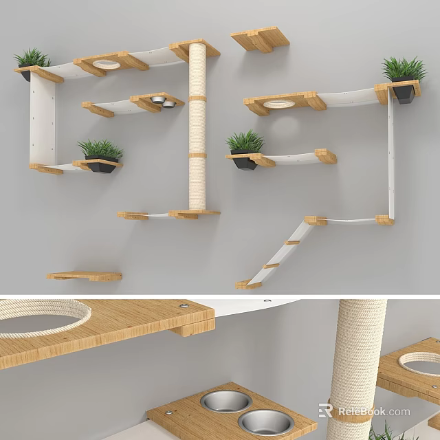 Wooden Wall Mounted Cat Furniture Set With Multi Level Platforms And Green Plants 3d model 