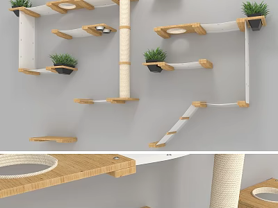 Wooden Wall Mounted Cat Furniture Set With Multi Level Platforms And Green Plants 3d model