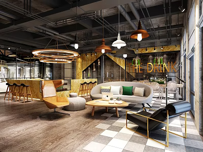 Modern Café Interior Design With Comfortable Seating Hanging Lights And Stylish Decor Elements 3d model