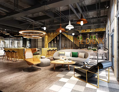 Modern Café Interior Design With Comfortable Seating Hanging Lights And Stylish Decor Elements 3d model