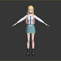 3D Anime Character Model With Orange Long Hair White Shirt And Blue Plaid Skirt