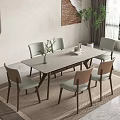 Modern Dining Table Set With Square Light Top Wooden Legs Four Chairs And Green Plant