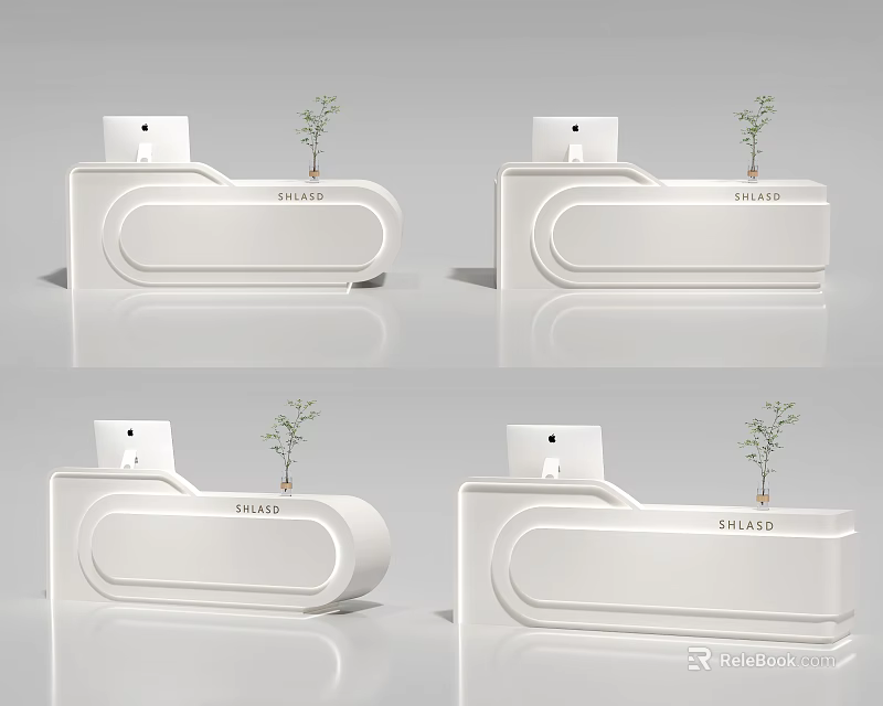 Modern Store Reception Desk Design With White Surface And Small Plant Decor 3d model 