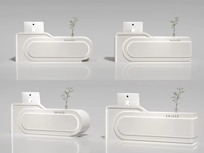 Modern Store Reception Desk Design With White Surface And Small Plant Decor 3d model