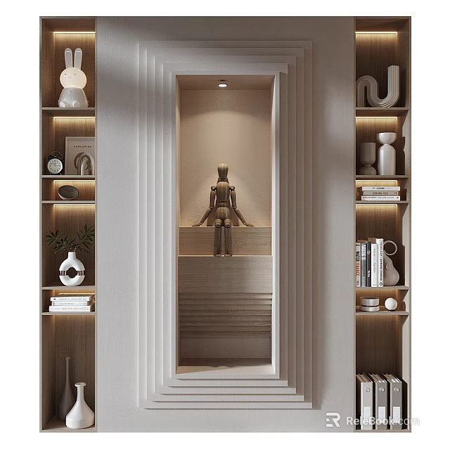 Modern White Shelving Unit in Elegant Living Room Interior with Decorative Vases Books and Ornaments 3d model 