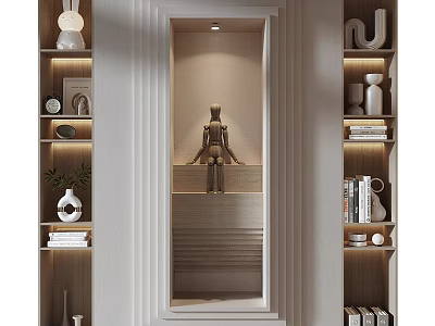 Modern White Shelving Unit in Elegant Living Room Interior with Decorative Vases Books and Ornaments 3d model