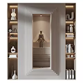 Modern White Shelving Unit in Elegant Living Room Interior with Decorative Vases Books and Ornaments