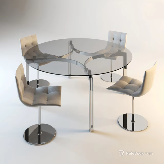 Round Glass Top Dining Table Set With Upholstered Chairs And Chrome Base 3d model 