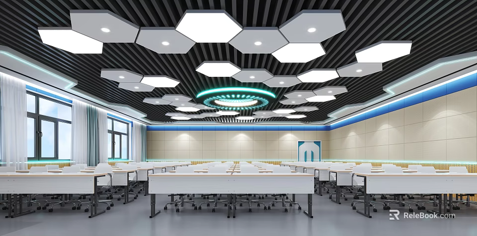 Modern School Classroom With Hexagonal Ceiling Lights And Neat Desks Arrangement 3d model