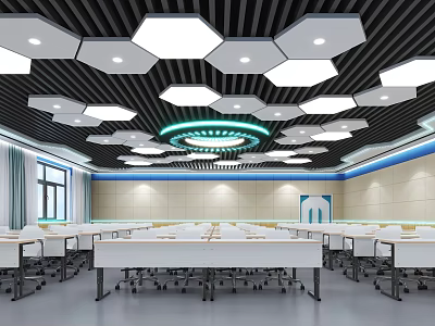 Modern School Classroom With Hexagonal Ceiling Lights And Neat Desks Arrangement 3d model