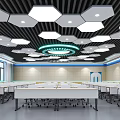 Modern School Classroom With Hexagonal Ceiling Lights And Neat Desks Arrangement 3d model