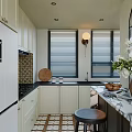 Kitchen With Marble Countertop Black Framed Glass Partition White Flower Bouquet And Brass Handle Cabinets