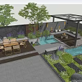 Courtyard Garden Featuring Outdoor Dining Tables Glass Roofed Pavilion Purple Flowers And Water Feature