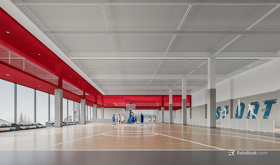 Spacious Basketball Gymnasium With Wooden Floor Red Ceiling Beams And Large Windows 3d model 