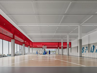 Spacious Basketball Gymnasium With Wooden Floor Red Ceiling Beams And Large Windows 3d model