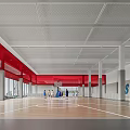 Spacious Basketball Gymnasium With Wooden Floor Red Ceiling Beams And Large Windows