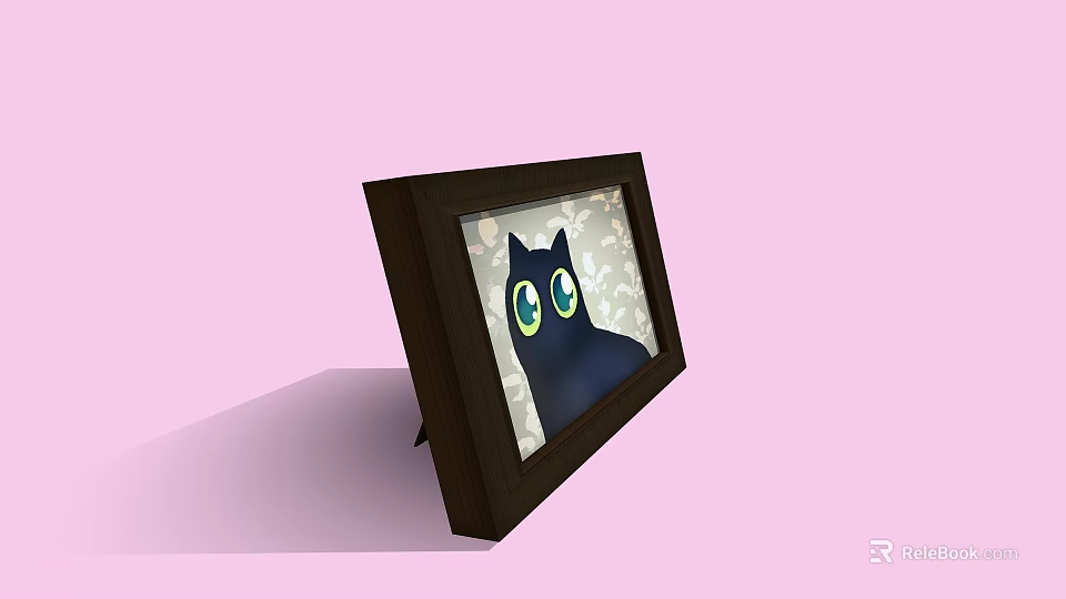 Brown Picture Frame With Black Cat Having Blue Eyes On Pink Background 3d model 