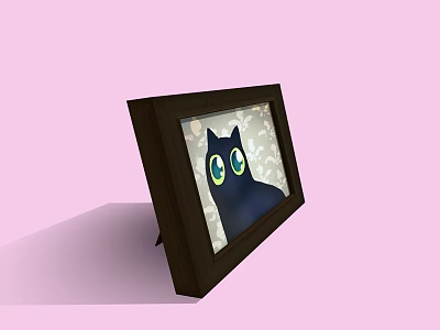 Brown Picture Frame With Black Cat Having Blue Eyes On Pink Background 3d model