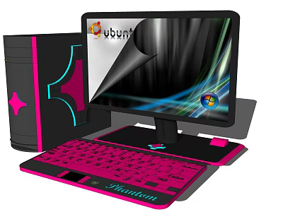 Pink and Black Desktop Computer Setup with Monitor Keyboard and Ubuntu 3d model