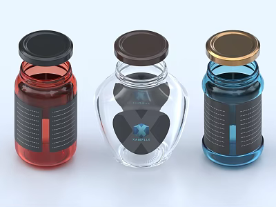 Three Colorful Glass Spice Bottles With Black Brown Gold Lids And Labels 3d model