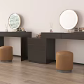 Modern Dark Dressing Table With Round Mirror Stool And Decorative Items 3d model