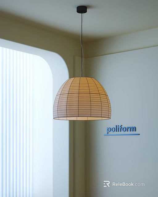 Rattan Dome Shaped Pendant Light In Modern Interior With Window Blinds 3d model