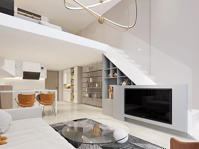 Modern Loft Living Room With Sofa TV Staircase And Chandelier 3d model