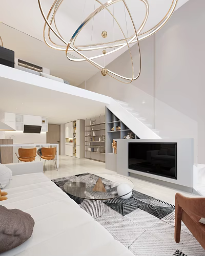 Modern Loft Living Room With Sofa TV Staircase And Chandelier 3d model