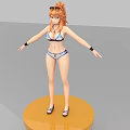 Woman in Bikini with Sunglasses Standing on Yellow Round Platform Arms Outstretched