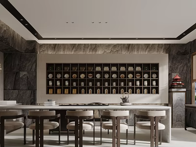 Modern Tea House Interior With Long Table And Storage Shelves 3d model