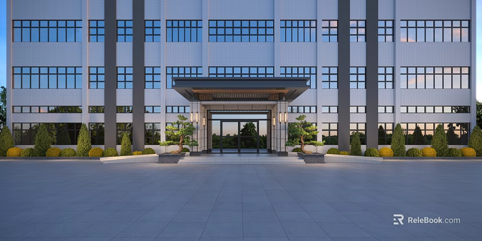 Modern Building Entrance Gate With Glass Doors Portico Front Paved Courtyard And Landscaping Plants 3d model 