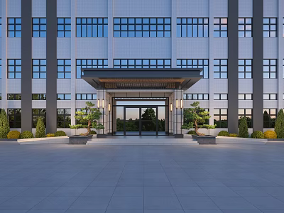 Modern Building Entrance Gate With Glass Doors Portico Front Paved Courtyard And Landscaping Plants 3d model