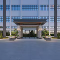Modern Building Entrance Gate With Glass Doors Portico Front Paved Courtyard And Landscaping Plants