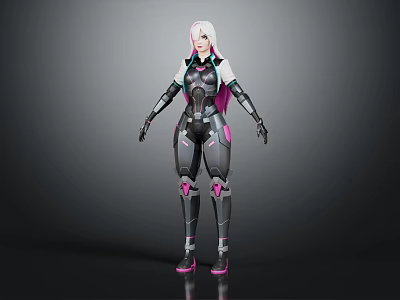 Futuristic Female Character With White Pink Hair And Black Pink Mechanical Armor In 3D Model Design 3d model